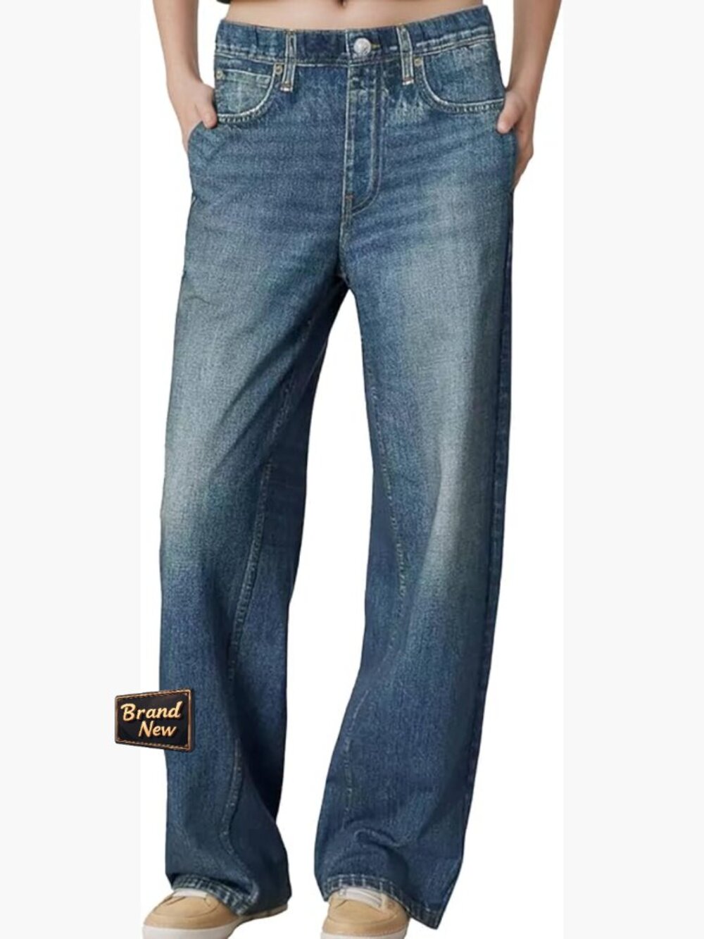 Wide Leg Denim Look Terry Cotton Pull On Sweatpants Elastic Waistband